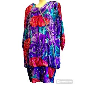 VINTAGE 80’s Judith Ann Creations  Colorful Sequined Silk Blouson Dress Sz L